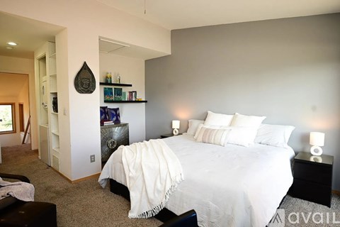 A bedroom with a large bed and a white blanket.