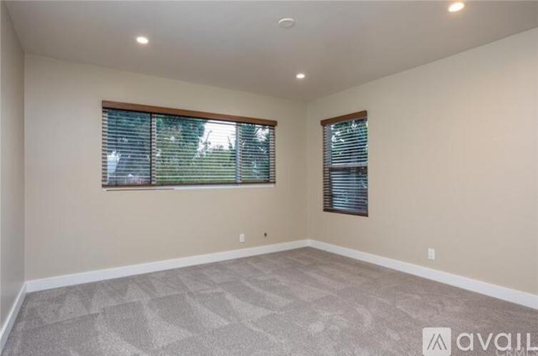 A spacious room with a carpeted floor and two windows.
