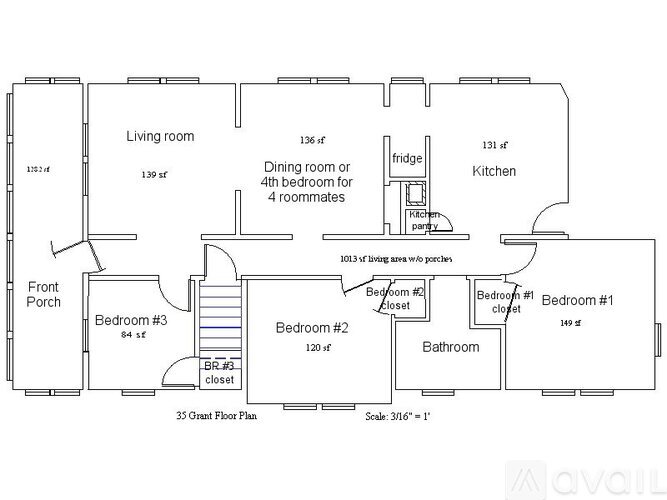 A floor plan of a 35 grant floor plan with a living room, dining room, kitchen, and four bedrooms.