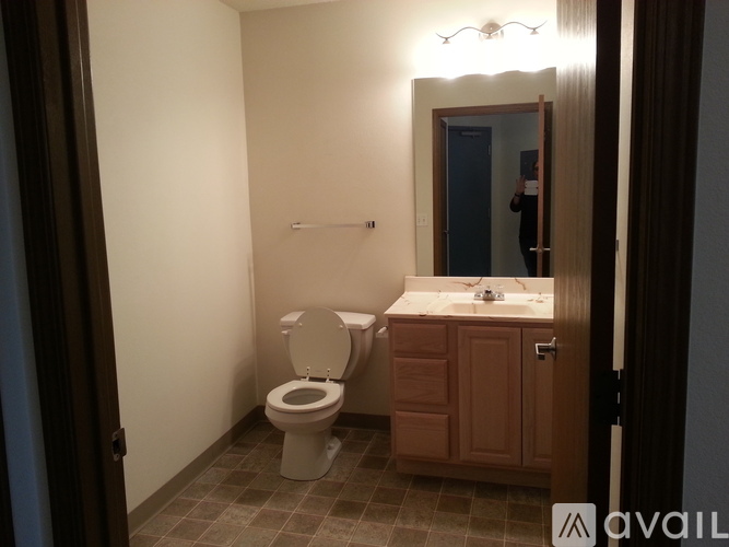 A bathroom with a toilet, sink, and mirror.
