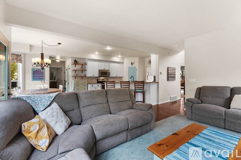 A living room with a grey couch and a blue rug.