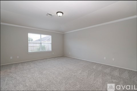 A spacious room with a window and carpeted floor.
