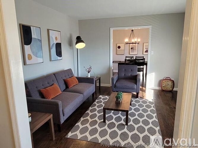 A living room with a grey couch, a wooden coffee table, and a grey and white patterned rug.
