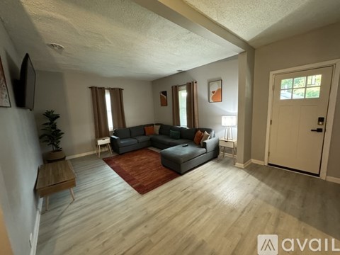 A living room with a grey couch and a red rug.