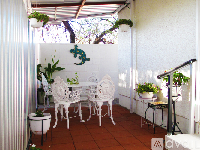 A patio with a table and chairs and a plant on the side.
