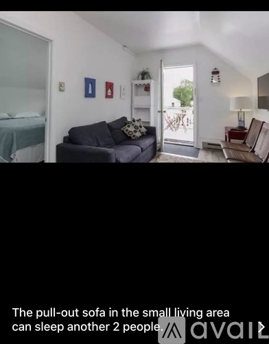 A living area with a pull-out sofa that can sleep two people.
