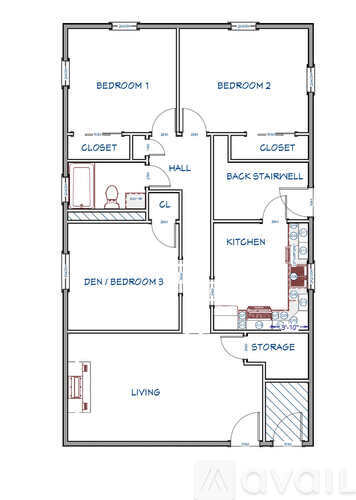 A floor plan of an apartment with three bedrooms, two closets, a den/bedroom, a kitchen, a back stairwell, a living room, and storage.