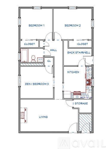 A floor plan of an apartment with three bedrooms, two closets, a den/bedroom, a kitchen, a back stairwell, a living room, and storage.