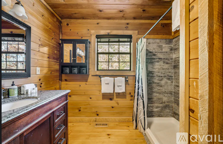 A wooden bathroom with a shower and a sink.