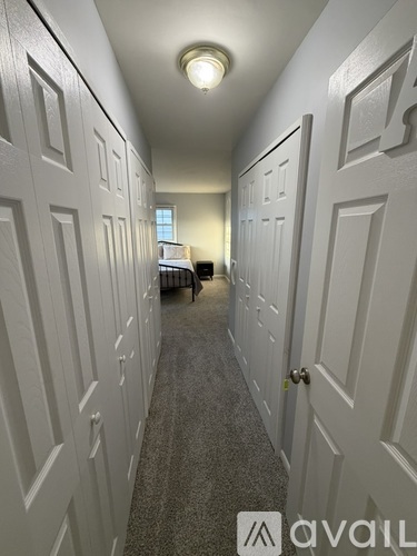 A hallway with white doors and a carpeted floor.