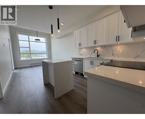 A kitchen with white cabinets and a marble countertop.