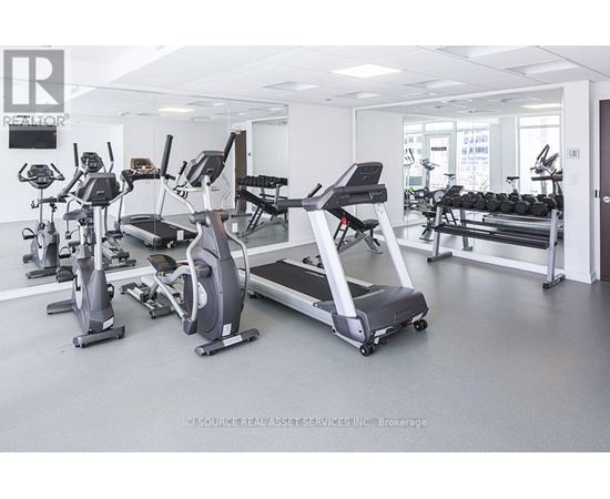 A gym with treadmills and elliptical machines.