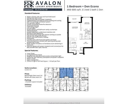 A flyer for a 1 bedroom apartment with a den, priced at $2078 and located on the right side of level 1-6.