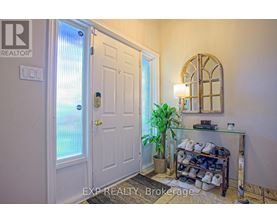 A white door with a glass window and a plant in front of it.