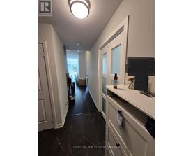 A hallway with a white door and a black floor.
