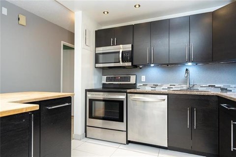 A kitchen with black cabinets and stainless steel appliances.