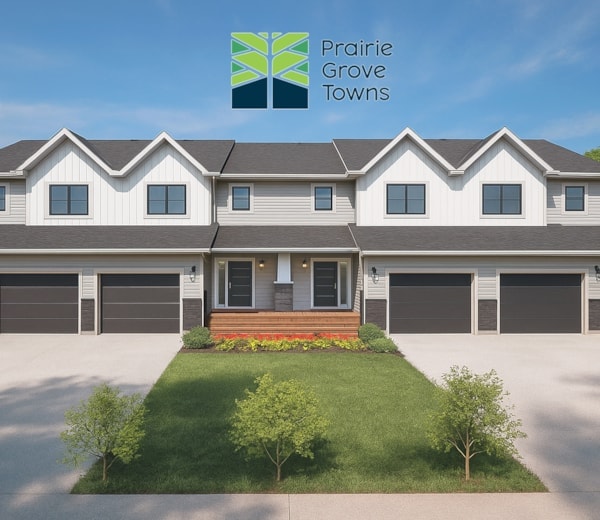 A modern house with a front yard and a logo of Prairie Grove Towns above it.