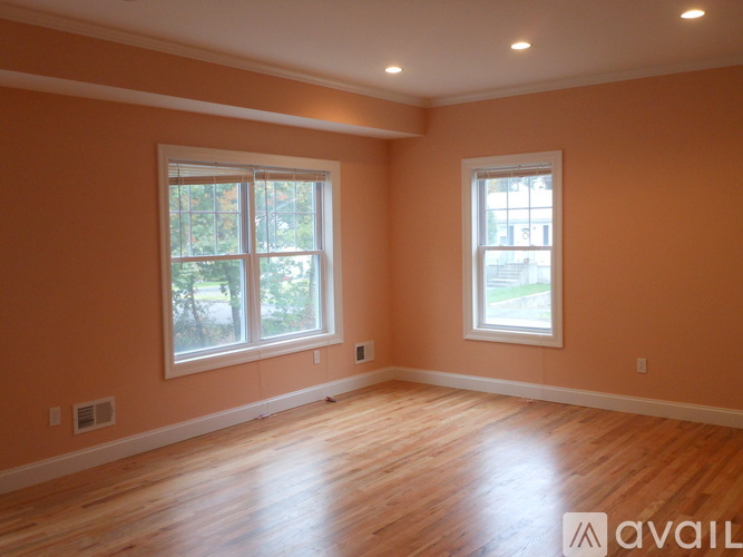 A room with wooden floors and two windows.