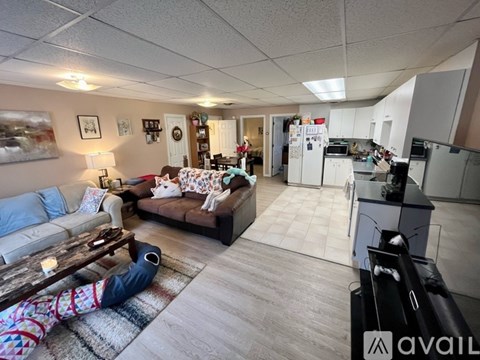 A person is sitting on a couch with a pillow and a blanket in a living room.