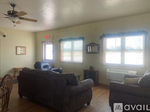 A living room with a brown couch and a ceiling fan.