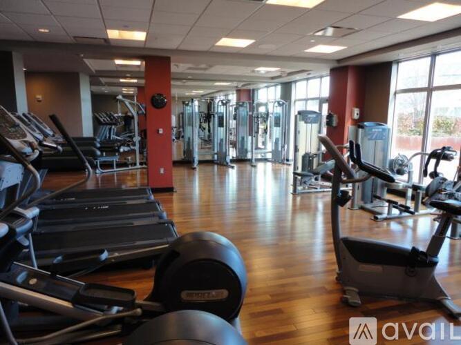 A gym with treadmills, weights and exercise machines.