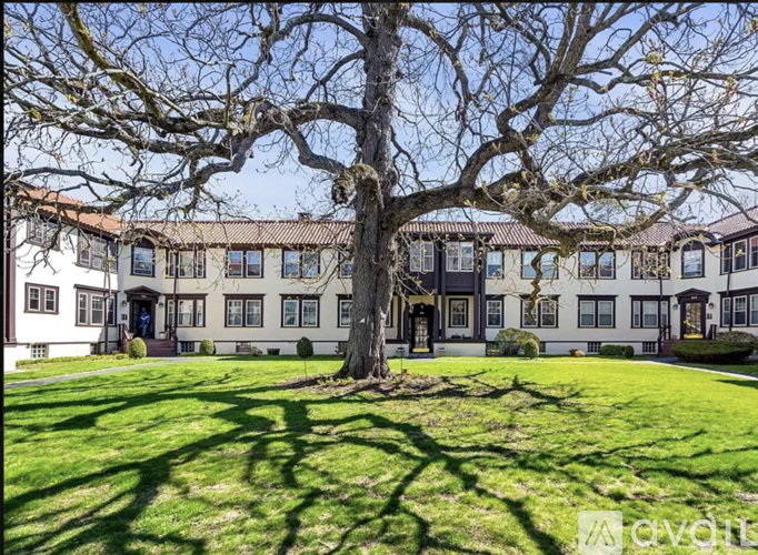 A large tree in front of a building with a lawn in the foreground.