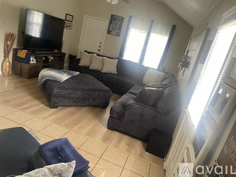 A living room with a grey couch and a black sofa.