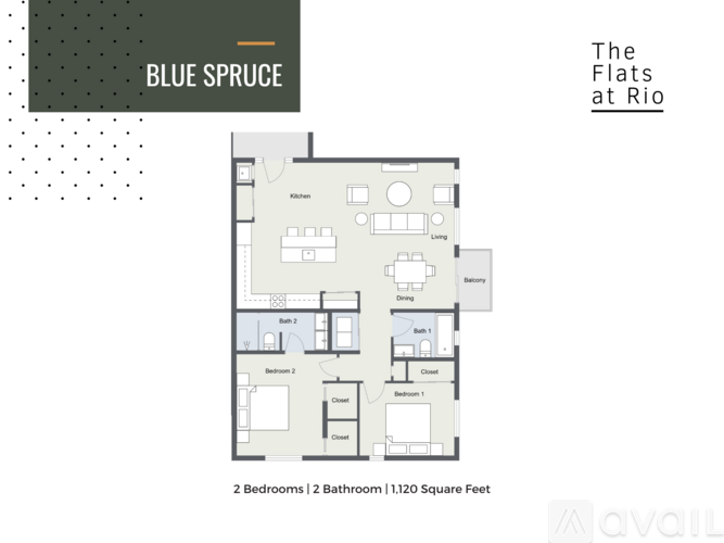 A floor plan for a 1,120 square foot apartment with two bedrooms and two bathrooms at The Flats at Rio.