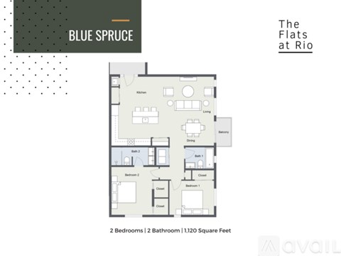 A floor plan for a 1,120 square foot apartment with two bedrooms and two bathrooms at The Flats at Rio.
