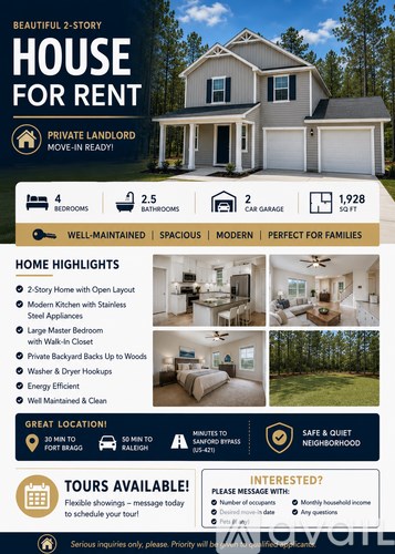 A real estate advertisement for a 2-story house for rent, highlighting its features and location.