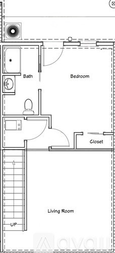 A floor plan of a small apartment with a living room, bedroom, and bathroom.