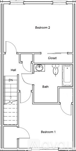 A floor plan of a small apartment with two bedrooms and a bathroom.