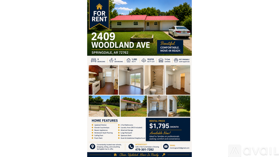 A real estate advertisement for a 2409 Woodland Ave property for rent.