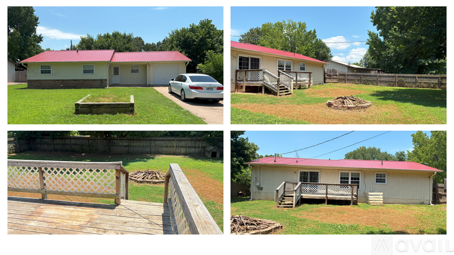 Four pictures of a house with a car parked in front.