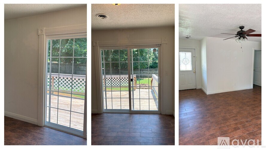 Three images of a room with a sliding glass door, a ceiling fan, and a tiled floor.