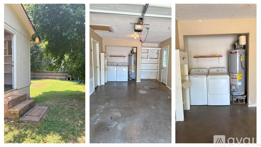A collage of three images showing an outdoor patio, a utility room, and a storage area with appliances.