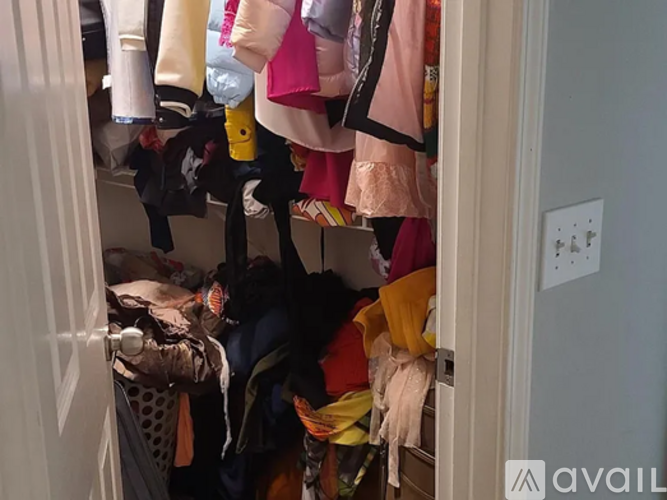 A cluttered closet with clothes and bags.