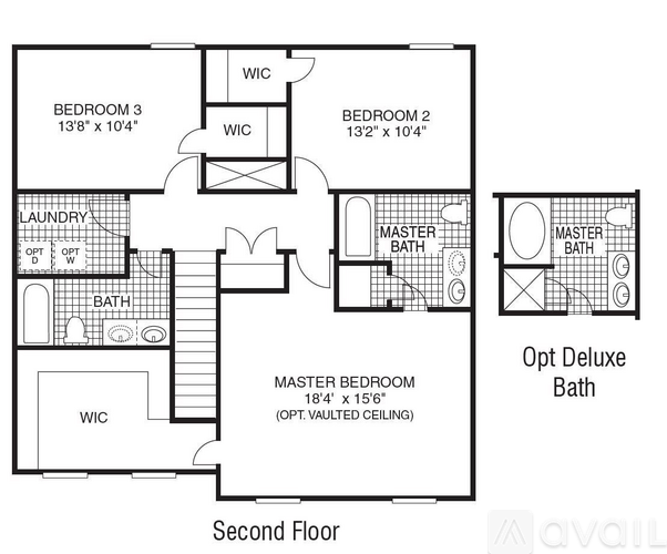 A floor plan of a second-floor apartment with three bedrooms and an optional deluxe bath.