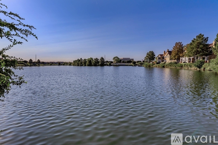 A calm lake with a clear blue sky above and some buildings in the distance.