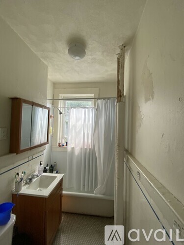 A bathroom with a sink, mirror, and shower curtain.