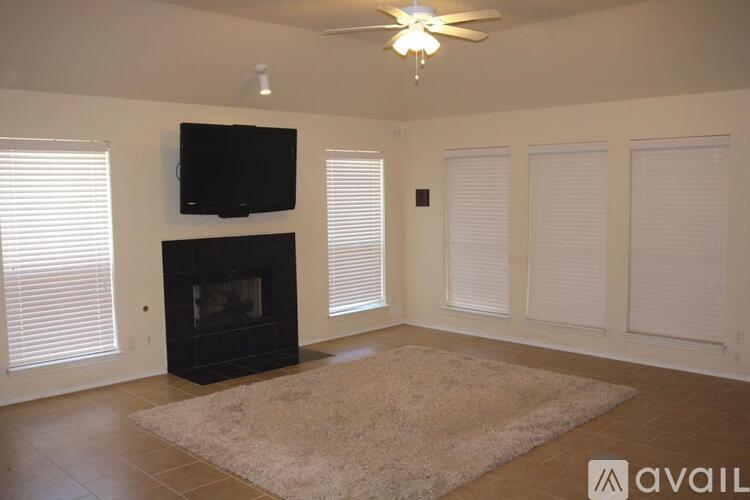 A living room with a fireplace, television, and a rug.