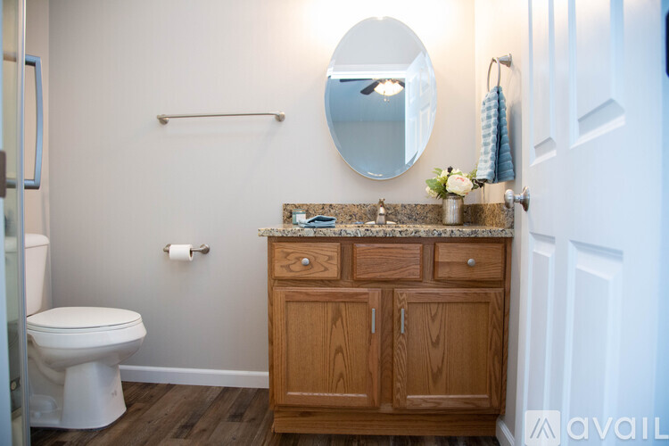 A bathroom with a toilet, a sink, and a mirror.