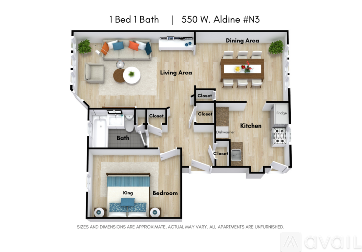 A floor plan of a one bedroom apartment with a bathroom.