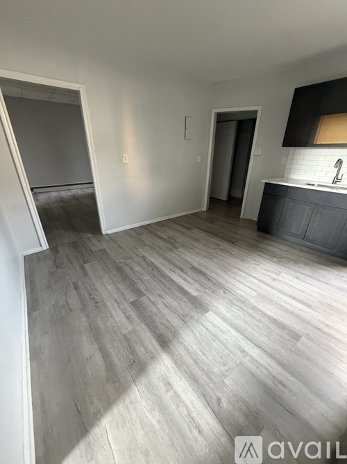 A room with wooden flooring and a kitchen area with a sink and stove.