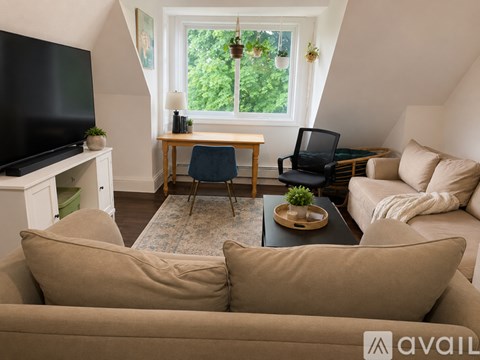 A living room with a brown couch and a black television.