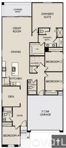 A floor plan of a house with a garage and four bedrooms.