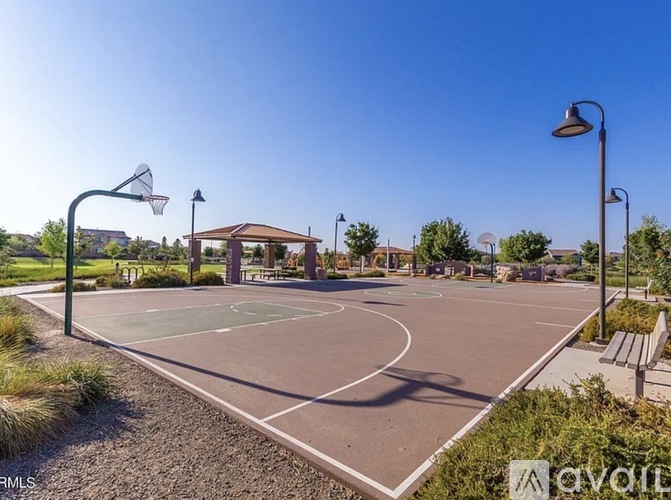 A basketball court is surrounded by trees and has a basketball hoop on the left side.
