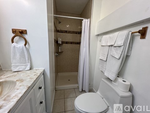 A bathroom with a toilet, sink, and shower.