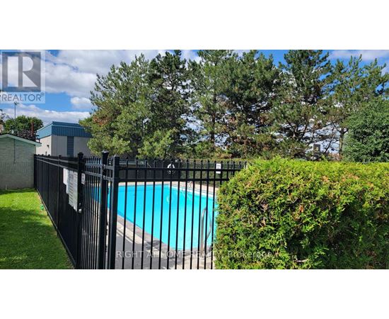 A pool surrounded by a black fence and green bushes.
