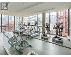 A gym with treadmills and stationary bikes is shown.